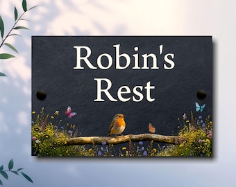Robin Or Butterfly Meadow Custom Bespoke Slate House Sign