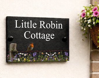 Letrero de pizarra personalizado para casa con diseño de flores silvestres de Robin, varios diseños