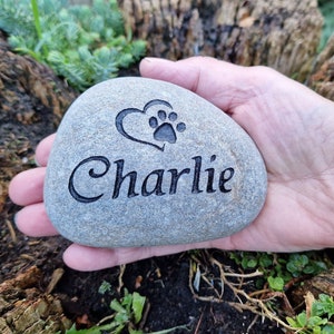 May include: A grey stone engraved with a paw print inside a heart and the name "Charlie".