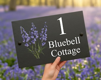 Letrero de pizarra Bluebell para la puerta – Placa personalizada con nombre y número – Pizarra natural, regalo de inauguración
