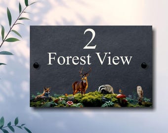 Letrero personalizado de pizarra para casa con temática de amigos del bosque – Placa rústica para exteriores