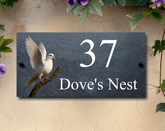 Letrero personalizado de pizarra con paloma para casa – Placa exterior de piedra natural