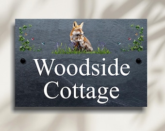 Letrero de pizarra con animales salvajes para la casa: zorro, conejo, ciervo, erizo - Placa numerada personalizada