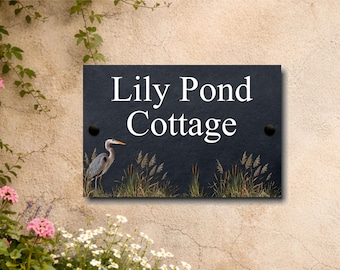 Letrero de pizarra para casa "Heron In Reeds" - Placa personalizada con el nombre de la cabaña