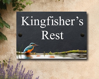 Nuevo letrero de pizarra Kingfisher para casa: placa personalizada para exteriores