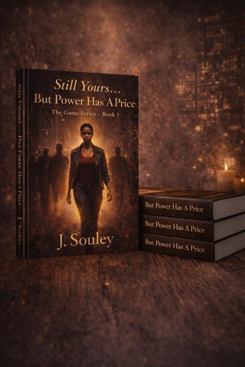 May include: A book cover with the title "Still Yours... But Power Has A Price" from "The Game Series - Book 3." The cover features a woman walking towards the viewer, with a blurred background of figures. The author's name, J. Souley, is at the bottom.