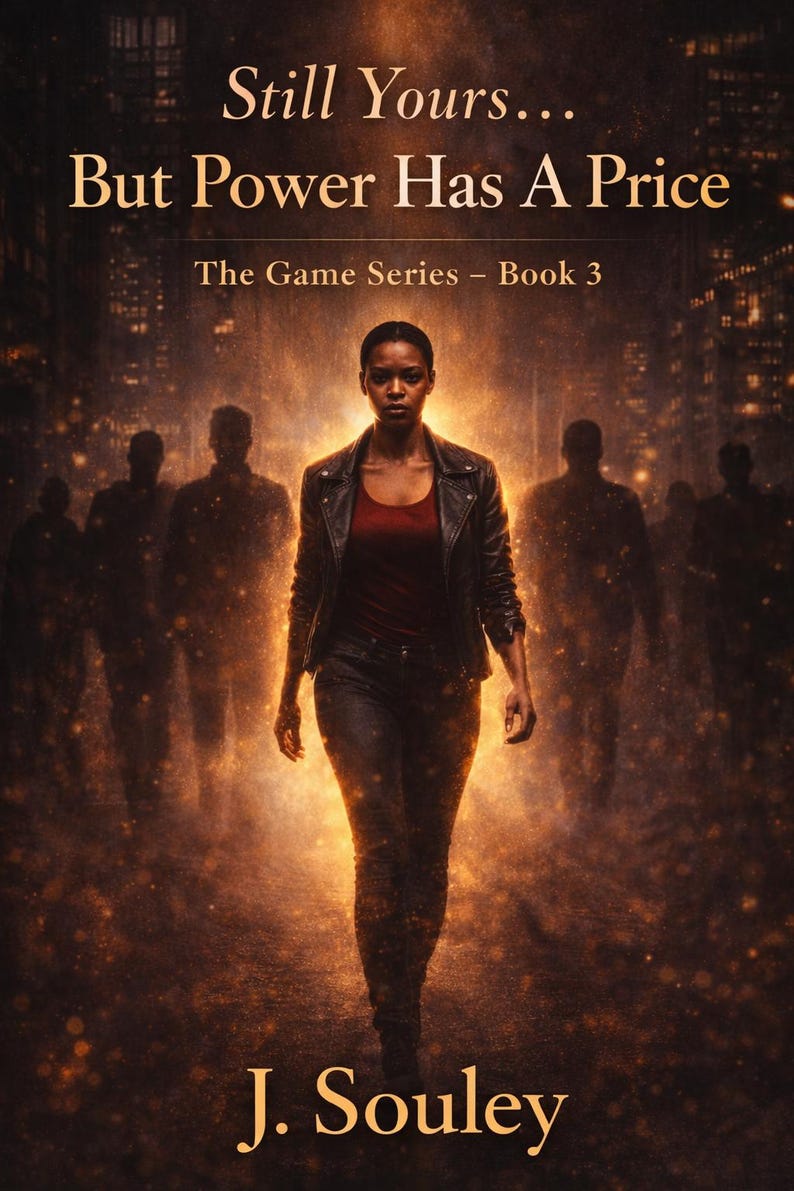 May include: Book cover featuring a woman in a black leather jacket and dark pants, walking towards the viewer. The title reads "Still Yours... But Power Has A Price." The author's name, J. Souley, is at the bottom.