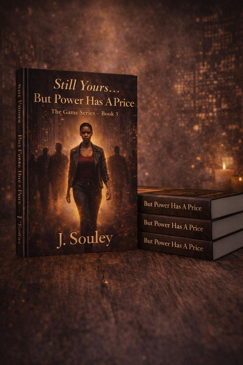 May include: A book cover with the title "Still Yours... But Power Has A Price" from "The Game Series - Book 3." The cover features a woman walking towards the viewer, with a blurred background of figures. The author's name, J. Souley, is at the bottom.