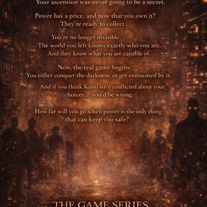May include: A digital art image with a dark, fiery theme, featuring text that reads "Still Yours... But Power Has A Price." The image includes silhouettes of figures and a cityscape, with the words "THE GAME SERIES" at the bottom.