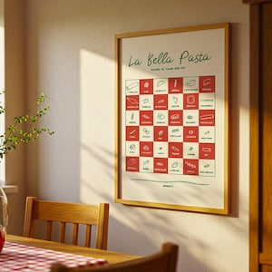 Puede incluir: Un comedor con una mesa y sillas de madera. Un póster enmarcado titulado "La Bella Pasta" cuelga de la pared. Un cuenco de madera con fruta y un jarrón con vegetación están sobre la mesa. La habitación tiene una ventana con plantas en macetas.