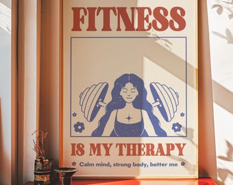 Fitness Is My Therapy Printable Art | Gym Wall Poster | Feminist Fitness Decor | Digital Download Home Gym Poster | Deadlift Woman Print