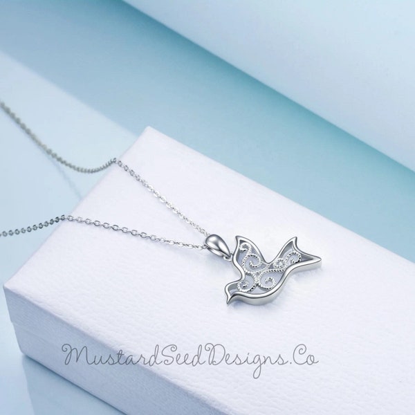 925 Sterling Silver, Dainty Peace Dove necklace, Christian jewellery, cross necklace, Mother’s Day gift, bible art, Holy Spirit necklace