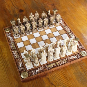 Hercules Greek Mythology God 32 Chess Pieces Pawns & Battle Theme Board Ancient Gods Handmade Painted Ceramic Alabaster Figures 35cm-13.8in
