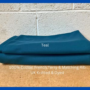 Sweatshirt Fabric, French Terry Fabric, French Terry & Matching Rib Knit Made In UK Luxury Heavy Cotton Sweatshirt Fabric, Teal Sweatshirt