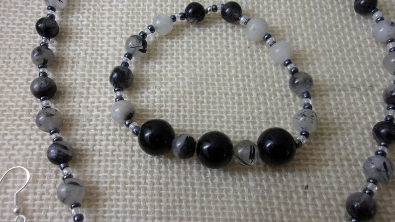 Tourmilated Quartz and ObsidianOnyx Gemstone Jewelry Set