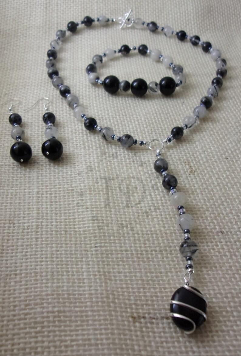 Tourmilated Quartz and ObsidianOnyx Gemstone Jewelry Set