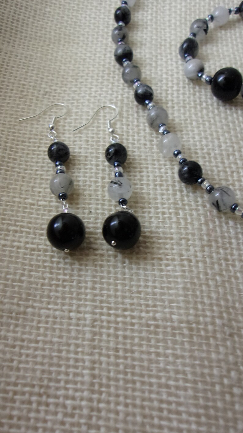 Tourmilated Quartz and ObsidianOnyx Gemstone Jewelry Set