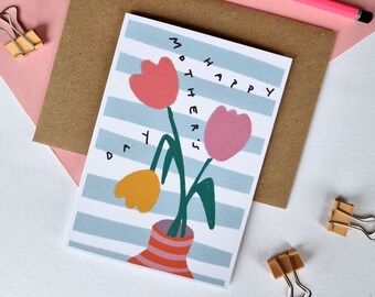 Pretty tulips Mother's day card, illustrated flowers card for mum, Happy Mother's day, A6 card, can post to recipient with personal message