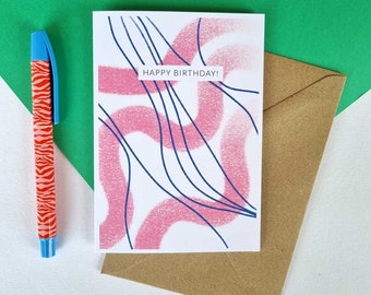 Modern abstract minimalist lines pattern Happy Birthday card. Arty bold bday card | Can post to recipient with personal message