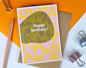 Happy birthday leopard print greeting card | Eco-friendly modern minimalist animal print pattern bday card | Birthday card for her