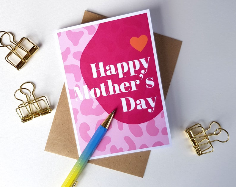 Happy Mothers Day card, Mum, Mom, Mam card, bright colourful abstract modern minimal typographic animal leopard print card Mothering Sunday image 1