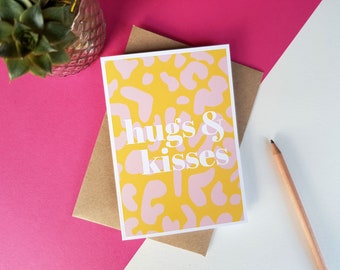 Hugs & kisses yellow animal print greeting card, Colourful Bright Stylish Quirky Modern Leopard Print Card, Birthday, Miss you, Love you