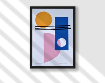 Abstract art, Lines and Circles/3 A4 A5 print bright geometric shapes wall art Scandi modern minimalist home decor blue pink yellow stripes