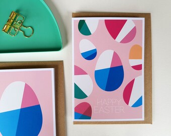 Geometric Easter egg card, Midcentury modern Scandi Pastel Pink Bright Colourful Fun Stylish Greeting Cards, Spring