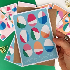 Easter card bundle, set of 3 Easter egg cards, Midcentury modern Geometric Scandi Pastel Colourful Bright Fun Stylish Greeting Cards blue image 2