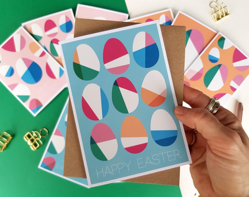 Easter card bundle, set of 3 Easter egg cards, Midcentury modern Geometric Scandi Pastel Colourful Bright Fun Stylish Greeting Cards blue image 2
