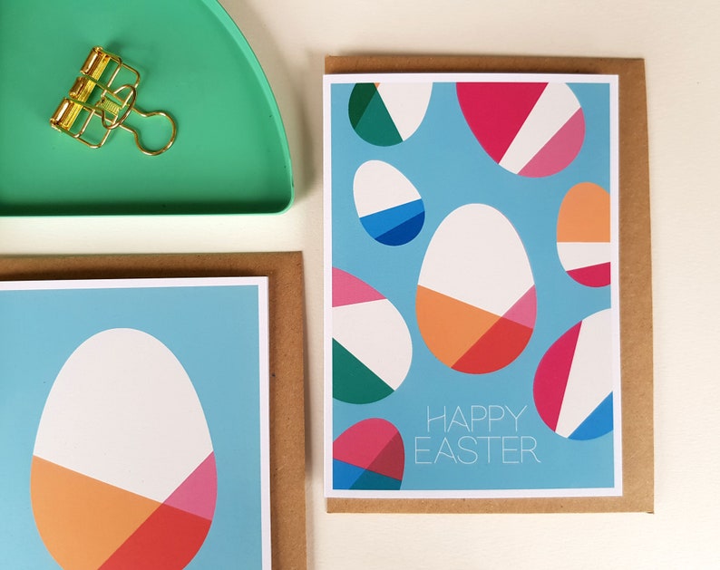 Easter card bundle, set of 3 Easter egg cards, Midcentury modern Geometric Scandi Pastel Colourful Bright Fun Stylish Greeting Cards blue image 4
