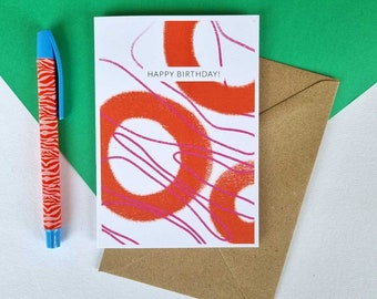 Modern abstract minimalist Happy Birthday card. Arty hand-drawn lines+blobs bday card | Can post to recipient with personal message