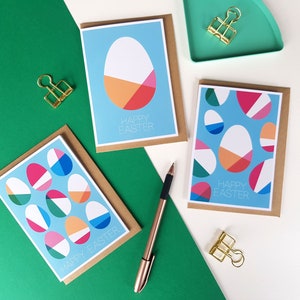 Easter card bundle, set of 3 Easter egg cards, Midcentury modern Geometric Scandi Pastel Colourful Bright Fun Stylish Greeting Cards blue image 1