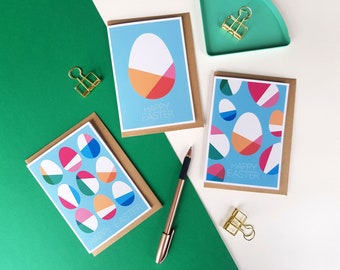 Easter card bundle, set of 3 Easter egg cards, Midcentury modern Geometric Scandi Pastel Colourful Bright Fun Stylish Greeting Cards blue