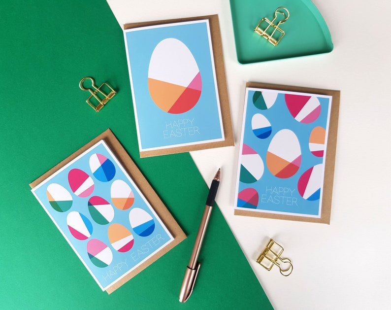 Easter card bundle, set of 3 Easter egg cards, Midcentury modern Geometric Scandi Pastel Colourful Bright Fun Stylish Greeting Cards blue image 1