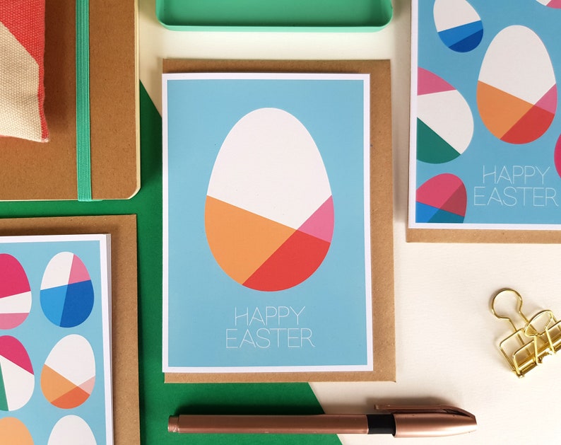 Easter card bundle, set of 3 Easter egg cards, Midcentury modern Geometric Scandi Pastel Colourful Bright Fun Stylish Greeting Cards blue image 3