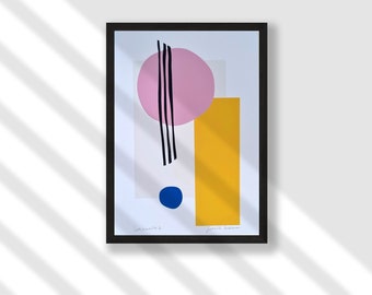 Abstract art, Lines and Circles/2 A4 A5 print, bright geometric shapes wall art Scandi modern minimalist home decor blue pink yellow stripes