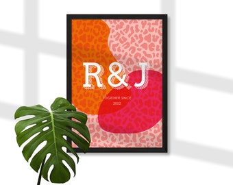 Personalised large initials print, bright leopard print typographic wall art, wedding anniversary engagement gift, modern minimalist Scandi