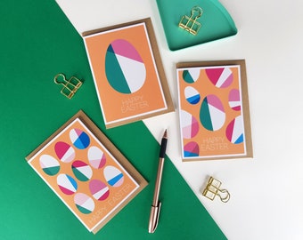 Happy Easter card bundle, set of 3 Geometric Easter egg cards, Midcentury modern Scandi Pastel Orange Bright Colourful Fun Stylish Cards