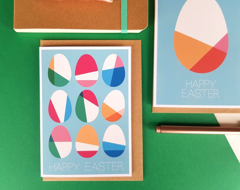 Easter card bundle, set of 3 Easter egg cards, Midcentury modern Geometric Scandi Pastel Colourful Bright Fun Stylish Greeting Cards blue image 10