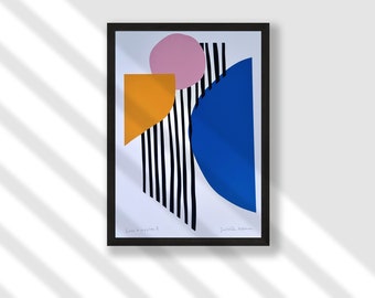 Abstract art, Lines and Circles /1 A4 A5 print bright geometric shapes wall art Scandi modern minimalist home decor blue pink yellow stripes