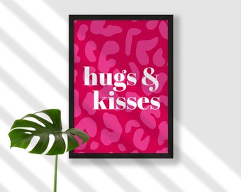 Colourful lettering wall art Hugs & kisses sassy leopard print typographic Scandi modern minimalist fashion wedding anniversary engagement