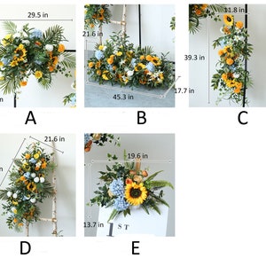 May include: Five different arrangements of artificial sunflowers, hydrangeas, and greenery. The arrangements are displayed on a white background and are labeled with letters A through E. Measurements in inches are provided for each arrangement.