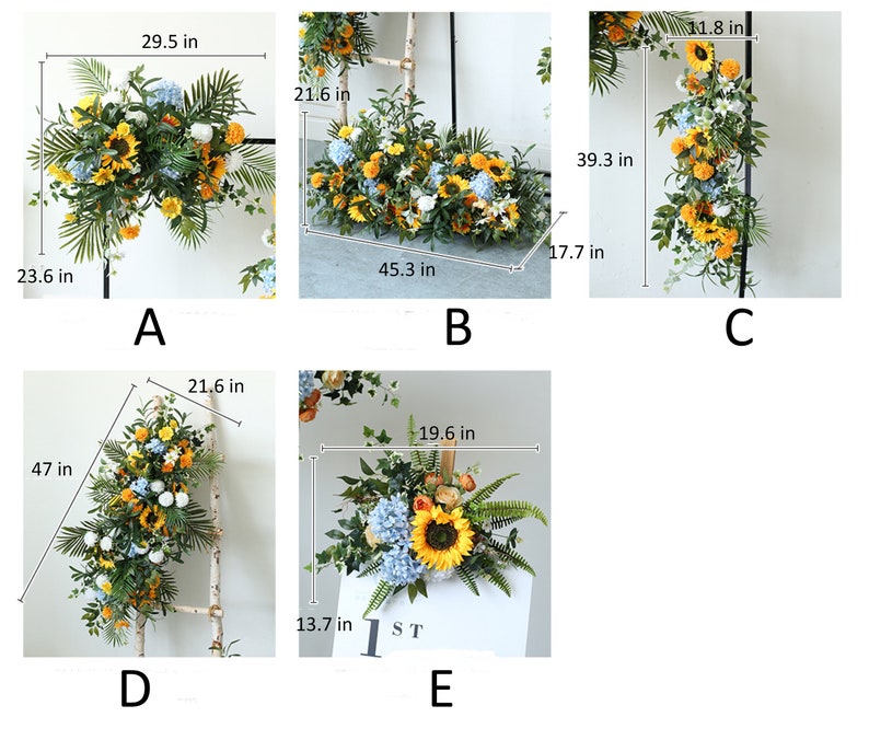 May include: Five different arrangements of artificial sunflowers, hydrangeas, and greenery. The arrangements are displayed on a white background and are labeled with letters A through E. Measurements in inches are provided for each arrangement.