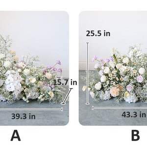 May include: Two floral arrangements, labeled A and B, with measurements in inches. Arrangement A is 23.6 inches tall, 39.3 inches wide, and 15.7 inches deep. Arrangement B is 25.5 inches tall, 43.3 inches wide, and 15.7 inches deep.