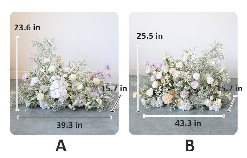 May include: Two floral arrangements, labeled A and B, with measurements in inches. Arrangement A is 23.6 inches tall, 39.3 inches wide, and 15.7 inches deep. Arrangement B is 25.5 inches tall, 43.3 inches wide, and 15.7 inches deep.