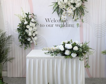 White Rose and Greenary Wedding Arch Flower Monstera Garland Arrangement Table Flower Runner Party Decor Aisle Runner Décor de mariage en plein air