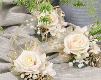 Champagne en Goud Bloem pols corsage, Bruidsmeisjes pols corsage Pols Floral Corsage, Bruiloft pols corsage, Rustieke bloem pols pols