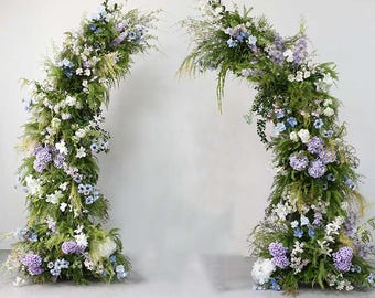 Arco di fiori artificiali con supporto, archi nuziali per cerimonia verde con sfondo di fiori viola, decorazioni per feste di nozze, composizioni floreali