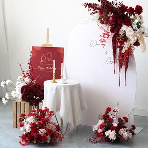 Red Wedding Archway Flower, Wedding Corner Swag, Outdoor Wedding Backdrop, Floral Table Runner Bridal Shower Decor Floral Arch Arrangement